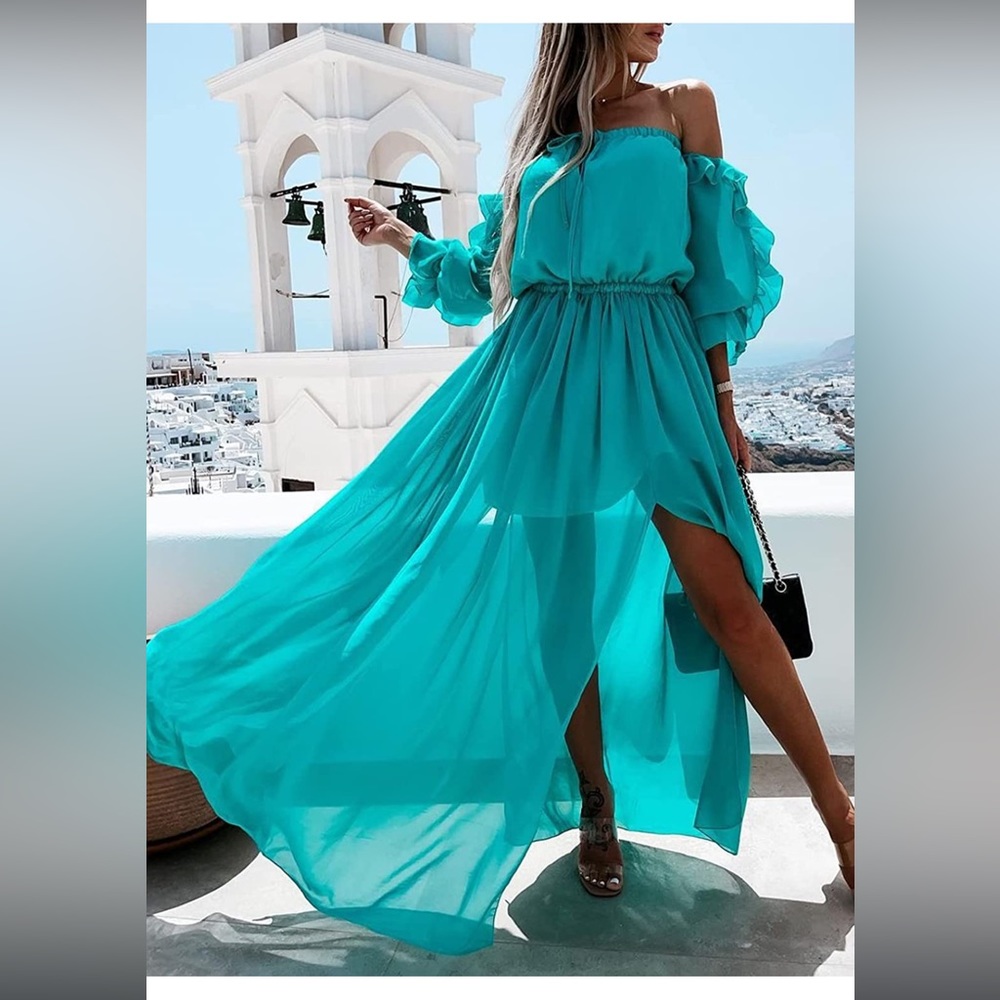 CUPSHE Women's Summer Maxi Dress A Line Flare Off Shoulder Half Sleeves Elastic